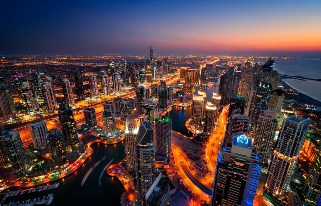 majestic colorful dubai marina skyline during sunset. dubai marina, united arab emirates.